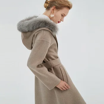 2019. gada rudenī un ziemā, jaunu stilu, tie hooed vilnas mēteli sieviešu nekustamā fox apkakles mēteļi ūdens pulsāciju jacketuble-sided drēbes