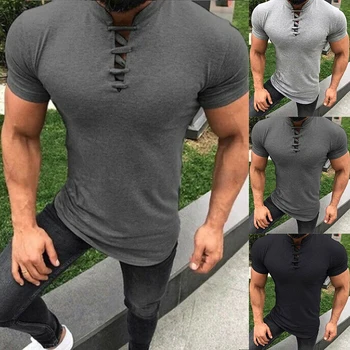 2019. gada Vasaras Vīriešu T-Krekls Augstās Kvalitātes Slim Fit Muskuļu Tee Vīriešu V-veida Kakla Mežģīnes-up Ikdienas Krekls Cilvēks Īsām Piedurknēm Gadījuma Plus Lieluma Galotnēm