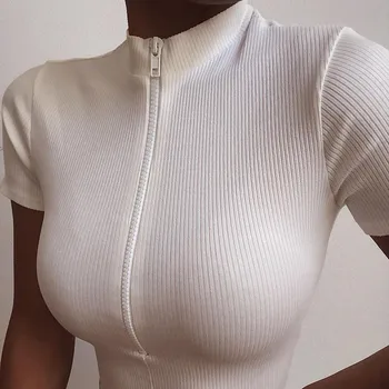 2019 Jaunās Modes Slim Fit Rāvējslēdzēju T-krekls Sievietēm Sieviešu Bustier Korsetes Topi ar Augstu Apkakli Sievietēm Croped Topi, t-veida Cietā Krekls Balts