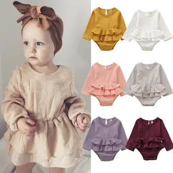 2019 Zīmolu, Pavisam Jaunu Baby Girl Apģērbu Ar Garām Piedurknēm Romper Kleita Kokvilnas&Lina Outfitsfit