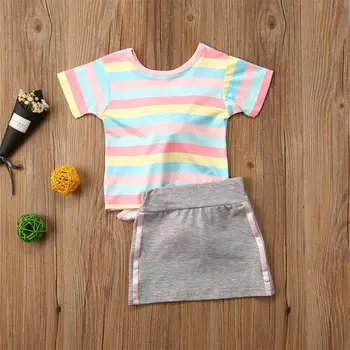 2020 2GAB Toddler Bērniem Toddler Meitene Apģērbu Komplekti Varavīksnes Svītrainām Princese Topi, T-krekls, Mini Svārki Kleitas