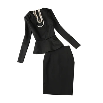 2020. gada Sieviešu tērpu modes Melna Kleita ar garām Piedurknēm Slim Jaka vienkrāsainu biroja dāmas kostīmi, Žakete + Svārki divdaļīgs kostīms