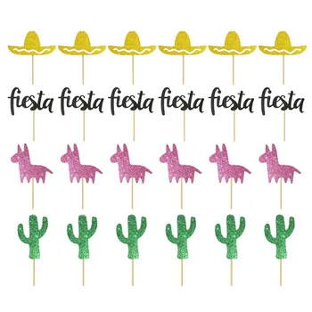 24PCS Kūka ievietošanas Tēmu Puse Dekori Meksikas Karnevāla Tēma Puses Smieklīgi Gudrs Dekorēšanas Kūka Ielikt Kaktuss Alpakas Fiesta Cepure