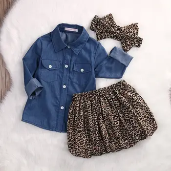 3PC Toddler Infantil Bērnu, Meiteņu Kleitu Modes džinsa krekls ar Leoparda svārki galvu Bērni Apģērbu komplekts