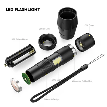 5000LM Jaudīgs LED Lukturītis Pusē COB Lampu Dizaina T6 Zoomable lāpu 4light režīmi use18650 akumulators + lādētājs, kempings
