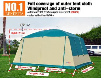 8-10 personai 4*3*2.17 skaitītājs 3 istabas Lielās armijas teltis āra kempinga telts ūdensizturīgs 5000PU pludmales telts Ģimenes outings