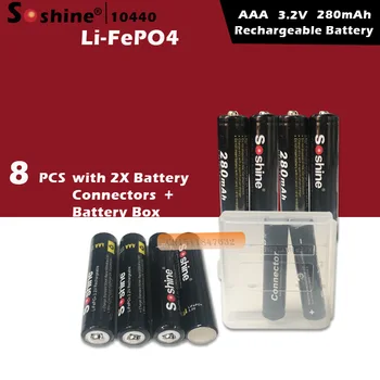 8 gabali/daudz Soshine 10440 akumulatora 3.2 V 280mAh LiFePO4 šūnu Uzlādējamas AAA Baterijas ar 2X Baterijas Savienotāji + Akumulatora Kaste