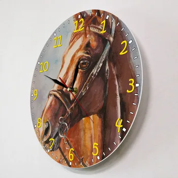 Akvarelis Zirgu Krāsotas Drukāt Sienas Pulkstenis Savvaļas Brūns Zirgs Klusums Timepieces Sienas Skatīties Jāšanas Sienas Mākslas Dāvana Zirgu Cienītājs