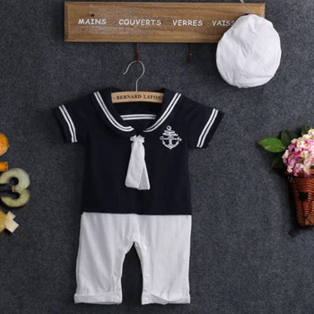 AU AKCIJU Jaundzimušais Zēns Jūrnieks Playsuit Toddler Apģērbs Uzstādīt Romper Drēbes+Cepure