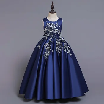 Augstas kvalitātes Izšūti Meitenes Satīna kleita bez Piedurknēm kāzu bērnu kleitas meitenēm Princese kleita ziedu elegants Ceremonija tīņi