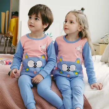 Baby Bērnu Pidžamas Komplekti Kokvilnas Zēni Sleepwear Uzvalks Rudens Meiteņu Pidžamu ar garām Piedurknēm Pijamas Topi+Bikses 2gab Bērnu Apģērbs
