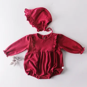 Baby Girl Apģērbu Modes Baby Girl Kombinezonus ar garām Piedurknēm Kokvilnas Lotus leaf Jumpsuit+Cepure, Apģērbs Rudens Pavasara Toddler Apģērbi