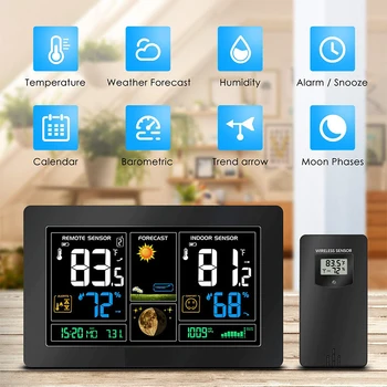 Bezvadu Laika Stacija Prognoze Pulkstenis Iekštelpu un Āra Temperatūras, Mitruma Sensoru, Krāsains LCD Laika Atlikt Pulkstenis Higrometru