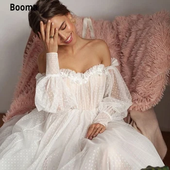 Booma Jauns Dizains Off pleca Elsojošs Piedurknēm Dot Tilla Kāzu Kleitas Līgavas Sexy Atklātu Atpakaļ ar garām Piedurknēm 3D Ziedu Līgavas Kleita