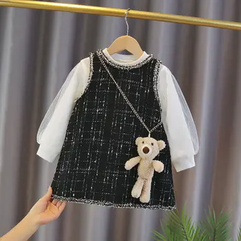 Bērnu Meitene Modes Apģērbu Komplekts Džemperi+pleds Kleita+gudrs Lācis,Bērniem, Meiteņu Pavasara Rudens Elegants Uzvalki, Bērnu Drēbes Valkāt