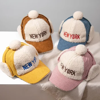 Bērnu ziemas cepure meitenēm jēru kažokādas klp velveta krāsu saskaņošanas zēni beisbola cepures ziemas baby silts cepures ausu uzmavas