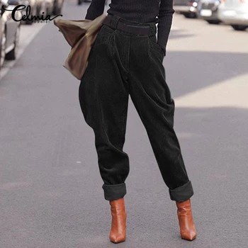 Celmia Vintage Augsta Vidukļa Velveta Harēma Bikses Sieviešu Bikses Elastīgs Viduklis Kabatas Gadījuma Cietā Harajuku Apakšā Plus Izmēra 5XL