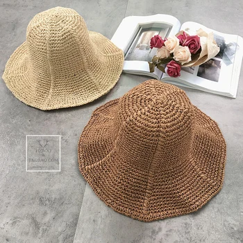 CHING YUN Vasaras Sieviešu cepure korea stilā, saules cepure Lafite salmu malām stilā pludmales Zvejnieka cepure salokāms Piejūras atpūtas ceļojumu cepure
