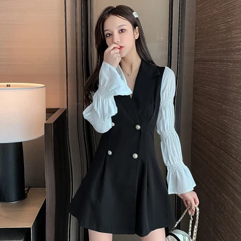 COIGARSAM Daudzām Sievietēm viengabala kleita korejas Puff Piedurknēm Atvērto Valdziņu Kleitas Black 9906
