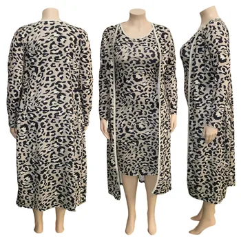 Cutubly garām Piedurknēm Apmetnis Topi Midi Kleitu Set Plus Lieluma XL-4XL Divas Gabals atbilstošo kopas Tērpiem Rudens Leopards Drukāt Sieviešu Komplekts