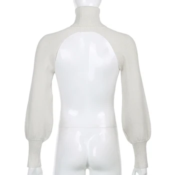 Darlingaga Cietā Mini Modes Augstu Uzrullētu Apkakli Džemperis Sievietēm Ar Garām Piedurknēm Smocking Apgriezts Topi Rudens Puloveri 2020. Gadam Adīti Džemperi