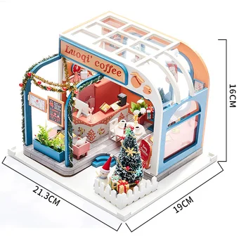 DIY Koka Māja, Miniatūra leļļu Namiņš Komplekts Rainbow Kafijas Veikals Dollhouses Dzimšanas dienas Dāvanu-Rotaļlietas Bērniem Leļļu Nams Mēbeles Komplekts