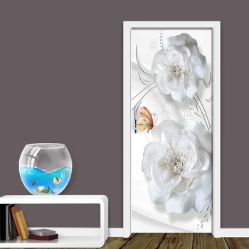 Durvju Uzlīmes 3D Gofrēts Balti Ziedi viesistaba, Guļamistaba, Durvis, Tapetes PVC Pašlīmējošas Sienas Uzlīmes Imitācija Sienas Uzlīmes