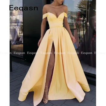 Dzeltena Pie Pleca Sexy gala kleita ar Augstu Šķēlumu Līnijas, Elegants Satīna Balles Kleitas, Ilgi Puse Vakara Tērpi 2020 Plus Lieluma