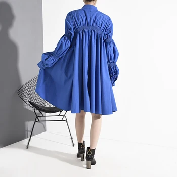[EAM] Sieviešu Zilā Kroku Liela Izmēra Kleitu Jauno Stand Apkakli, garām Piedurknēm Loose Fit Modes Jūra Pavasara Rudens ir 2021. 1K93705