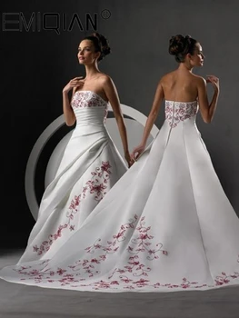 Elegants-Line Strapless Balts Satīns ar Sarkanu Izšuvumu Līgavas Kāzu Kleita