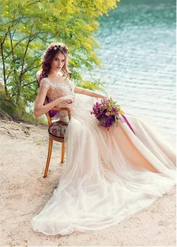 Fantastisks Tilla V-veida kakla Izgriezums-line Beach Kāzu Kleitas Ar Mežģīnēm Appliques Pliks Kāzu Kleitas vestido noiva