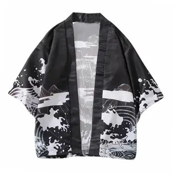 Gadījuma Vīrieši Vilnis Pūķis 3/4 Piedurknēm Atvērt Priekšējo Kimono Yukata Jaciņa Mētelis Krekls