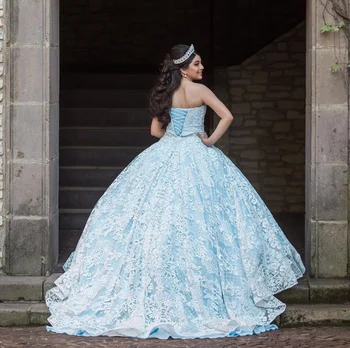 Gaiši Zils Quinceanera Kleitas Ir 2021. Mīļotā Bez Piedurknēm Appliques Puse Princese Sweet 16 Bumbu Kleita Vestidos De 15 Años