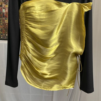 GALCAUR Black PatchworkT Krekls Sievietēm augstu uzrullētu apkakli ar garām Piedurknēm Hit Krāsu Ruched Zaudēt Šiks, T Krekli, Sieviešu 2020. Gadam, Modes Apģērbi