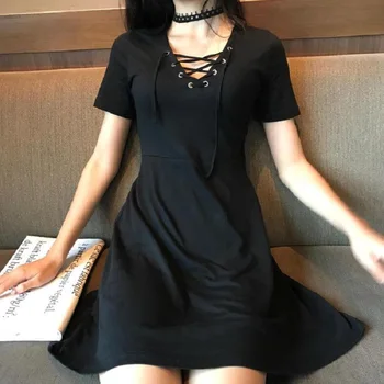 Gothic Pārsējs Sieviešu Vintage Kleita ar Īsām Piedurknēm V-veida Kakla Mini Slim Kleitas Harajuku