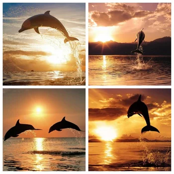 Huacan Pilna Dimanta Urbšanas Krāsošana Delfīnu Dimanta Izšuvumi Saulrietu Jūrā Mozaīkas Dzīvnieku Sienas Uzlīmes