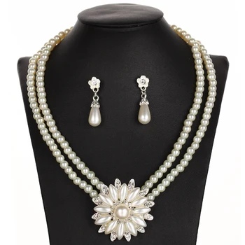 Hēsiods romantiska imitētu pērle rhinestone kristāla rotaslietas komplekti līgavas daudzslāņu ķēdes auskariem komplekts