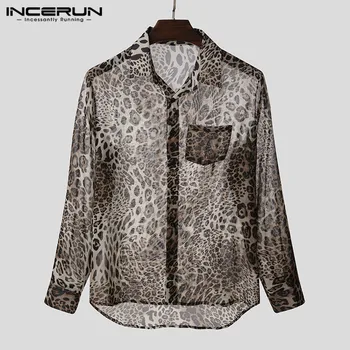 INCERUN Modes Vīriešu Krekls ar Leopards Drukāt Pārredzamu Atloks Ir 2021. Streetwear Pogu Camisas garām Piedurknēm Sexy Puse Naktsklubs Krekli