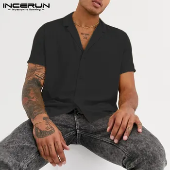 INCERUN Vīriešiem Gadījuma vienkrāsainu Kreklu ar Īsām Piedurknēm Ir 2021. Streetwear Atloks Camisas Vasaras Kokvilnas Elpojošs Zīmolu Vīriešu Pamata Krekli