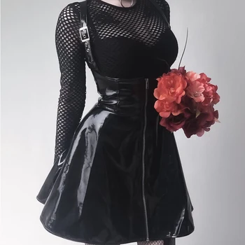 InsDoit Streetwear Gothic Ādas Melni Svārki Harajuku Punk Augsta Vidukļa Zeķu Mini Svārki Sievietēm Skolas Raibs Līnija Svārki
