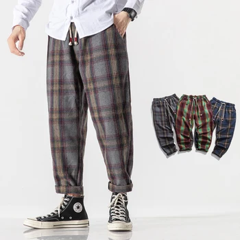 Japāņu Streetwear Bieza Vilnas Pleds Gadījuma Bikses Harajuku Plus Lieluma Taisnas Bikses, Modes, Pāris Drēbes, Vīriešu Apģērbs