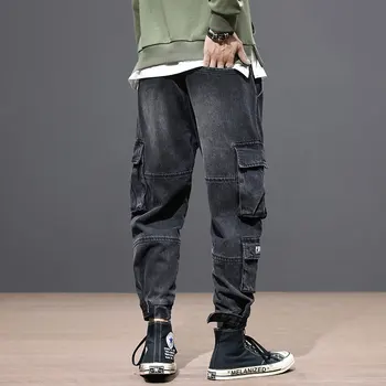 Japāņu Vintage Modes Vīriešu Džinsi Melnā Krāsā Loose Fit Multi Kabatas Kravas Biksēm Elastīgs Viduklis Streetwear Hip Hop Džinsi Vīriešiem