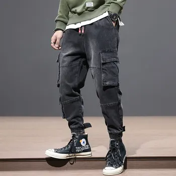 Japāņu Vintage Modes Vīriešu Džinsi Melnā Krāsā Loose Fit Multi Kabatas Kravas Biksēm Elastīgs Viduklis Streetwear Hip Hop Džinsi Vīriešiem