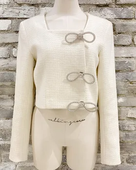 Jaunajā 2020. gada Rudens Ziemas Mazo Smaržas Dimanta Bowknot Dizaina Sievietēm Eleganto Laukumā apkakles balts Tvīda Slim Jaka Virsdrēbes