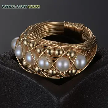 JAUNO Dizaineru gabalus zelta gredzens ar apaļa kā bumba pērles roku padarīt gredzens