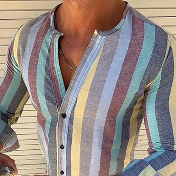 Jaunu Vīriešu Modes Svītrainu Kreklu Krāsains, Iespiests Slim Fit Sociālā Gadījuma Biznesa gada Rudenī Vīriešu Blūze Topi Apģērbi Streetwear