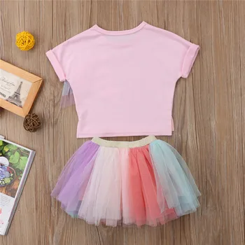 Jaunā Stila Bērniem, Baby Meiteņu Drēbes Unicorn Īsām Piedurknēm Top T-krekls +Mežģīnes Tutu Svārki 2gab Tērpiem Set Baby Kids Apģērba
