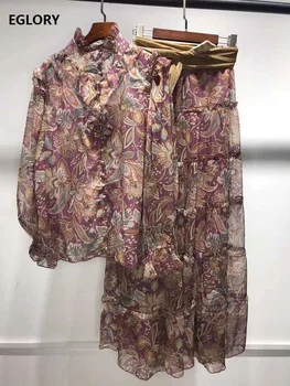 Jaunākās Modes Dizaineru Apģērbu Komplekti 2020. Gada Rudens Sieviešu Vintage Print Garām Piedurknēm Krekli+Siksnas Sen Maxi Svārki Komplekti Gadījuma