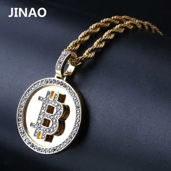 JINAO Hip Hop Ledus No Zelta Krāsas Pārklājumu Bitcoin Kulons, Kaklarota, Mikro Bruģēt Zircon Ar 60cm Virves, Ķēdes, vai Kubas Ķēdes