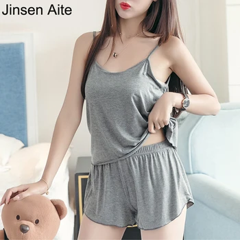 Jinsen Aite Plus Izmērs XXXL Jaunu 2019 Vasaras Sieviešu Sleepwear Cami Ar Šorti Kravu bez Piedurknēm, Seksīgas Pidžamas Komplekti Homewear JS195